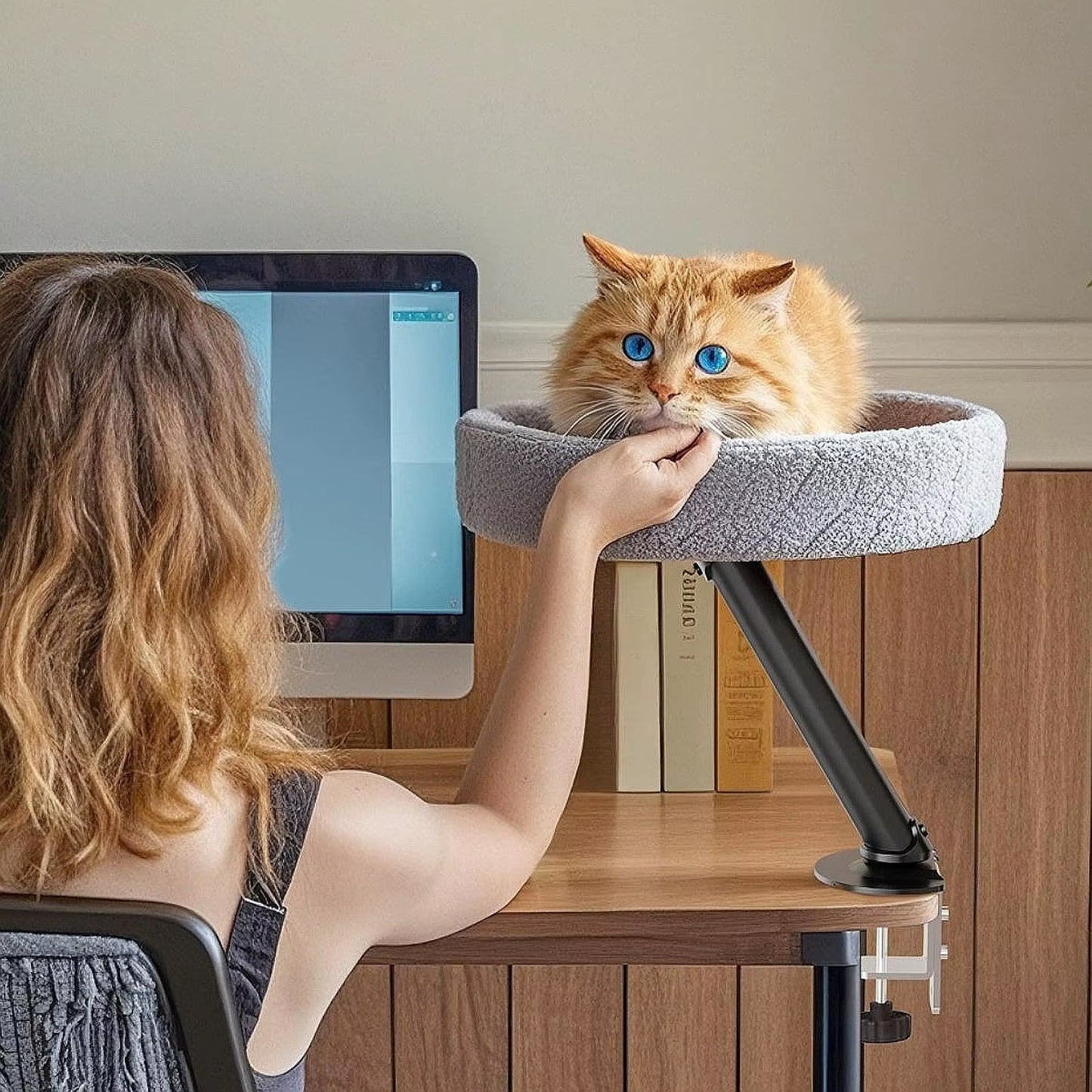 Cat Desk Bed Elevated Desk Nest Kitten Furniture 360° Rotation round Cat Bed for Side Table Cat Hammock Home Office Study Room