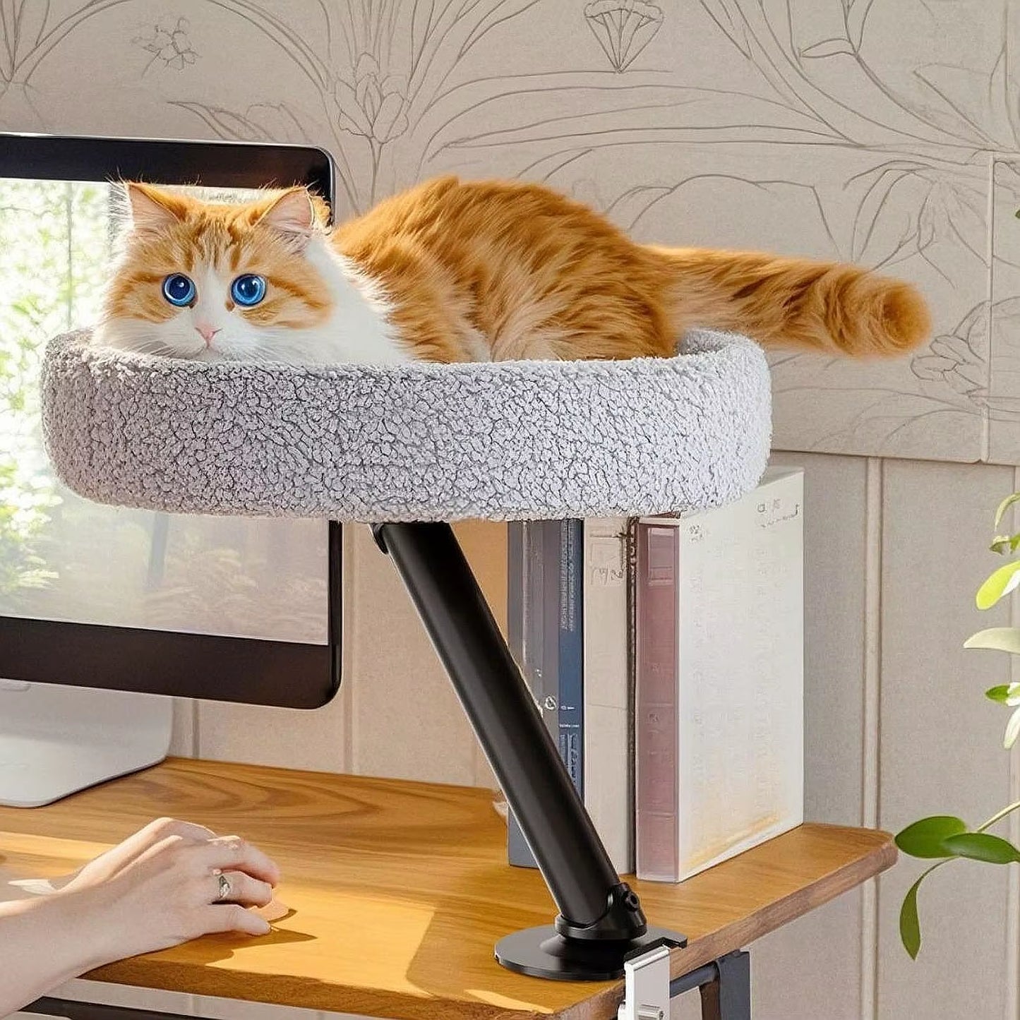 Cat Desk Bed Elevated Desk Nest Kitten Furniture 360° Rotation round Cat Bed for Side Table Cat Hammock Home Office Study Room