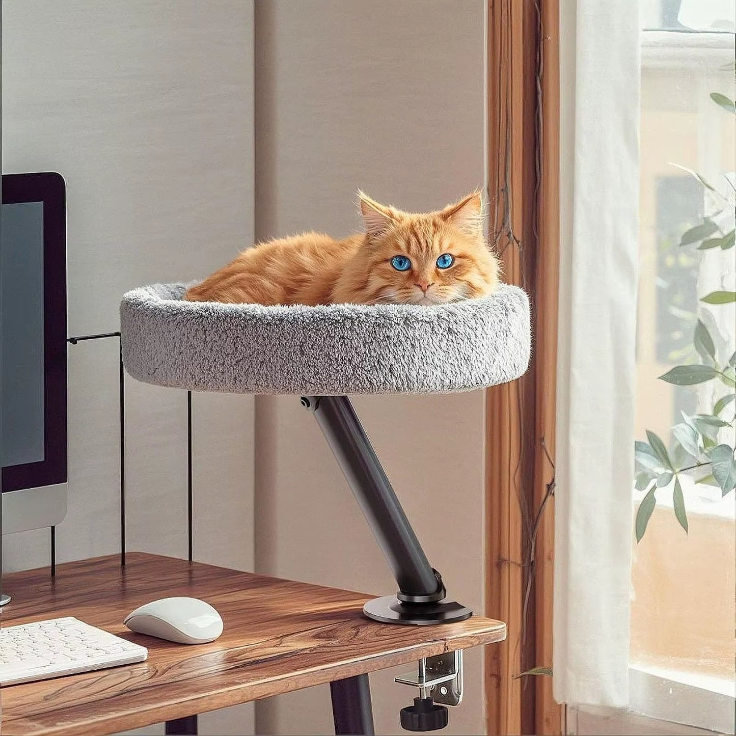 Cat Desk Bed Elevated Desk Nest Kitten Furniture 360° Rotation round Cat Bed for Side Table Cat Hammock Home Office Study Room