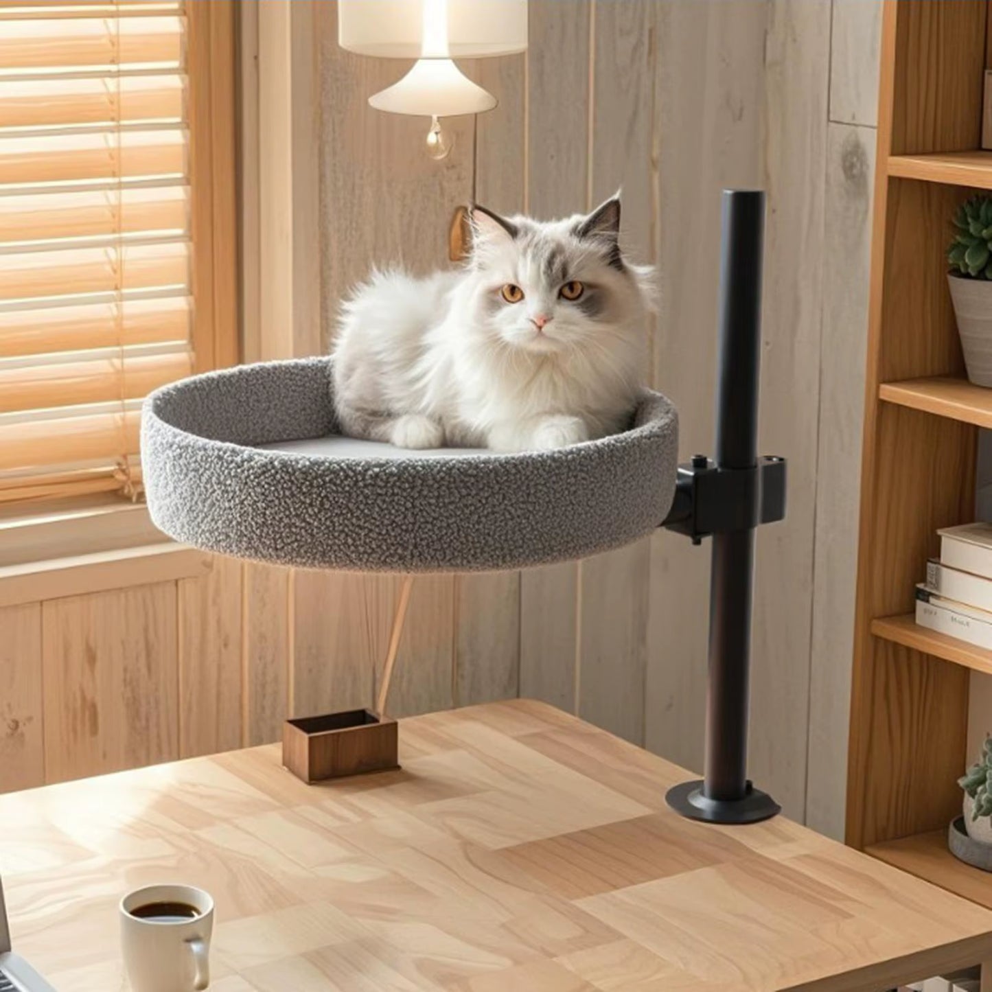 Cat Desk Bed Elevated Desk Nest Kitten Furniture 360° Rotation round Cat Bed for Side Table Cat Hammock Home Office Study Room