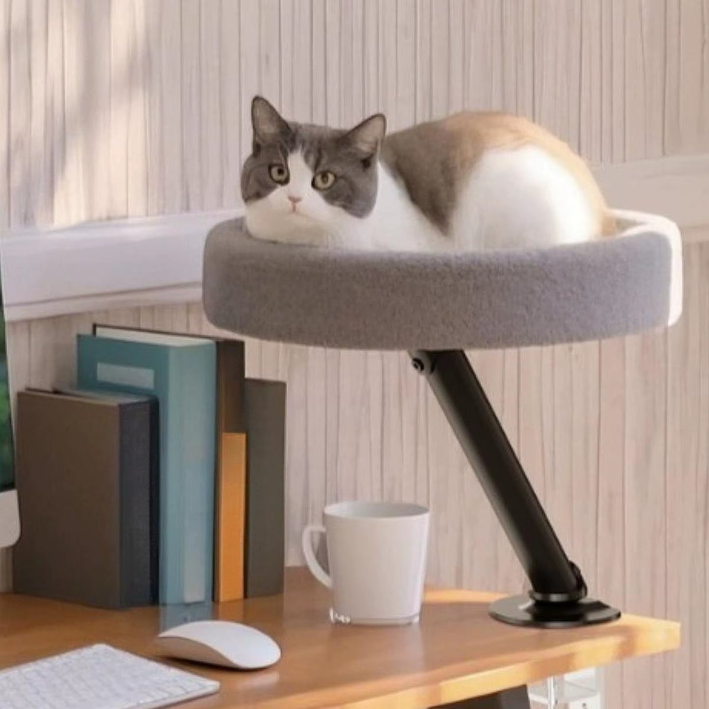 Cat Desk Bed Elevated Desk Nest Kitten Furniture 360° Rotation round Cat Bed for Side Table Cat Hammock Home Office Study Room